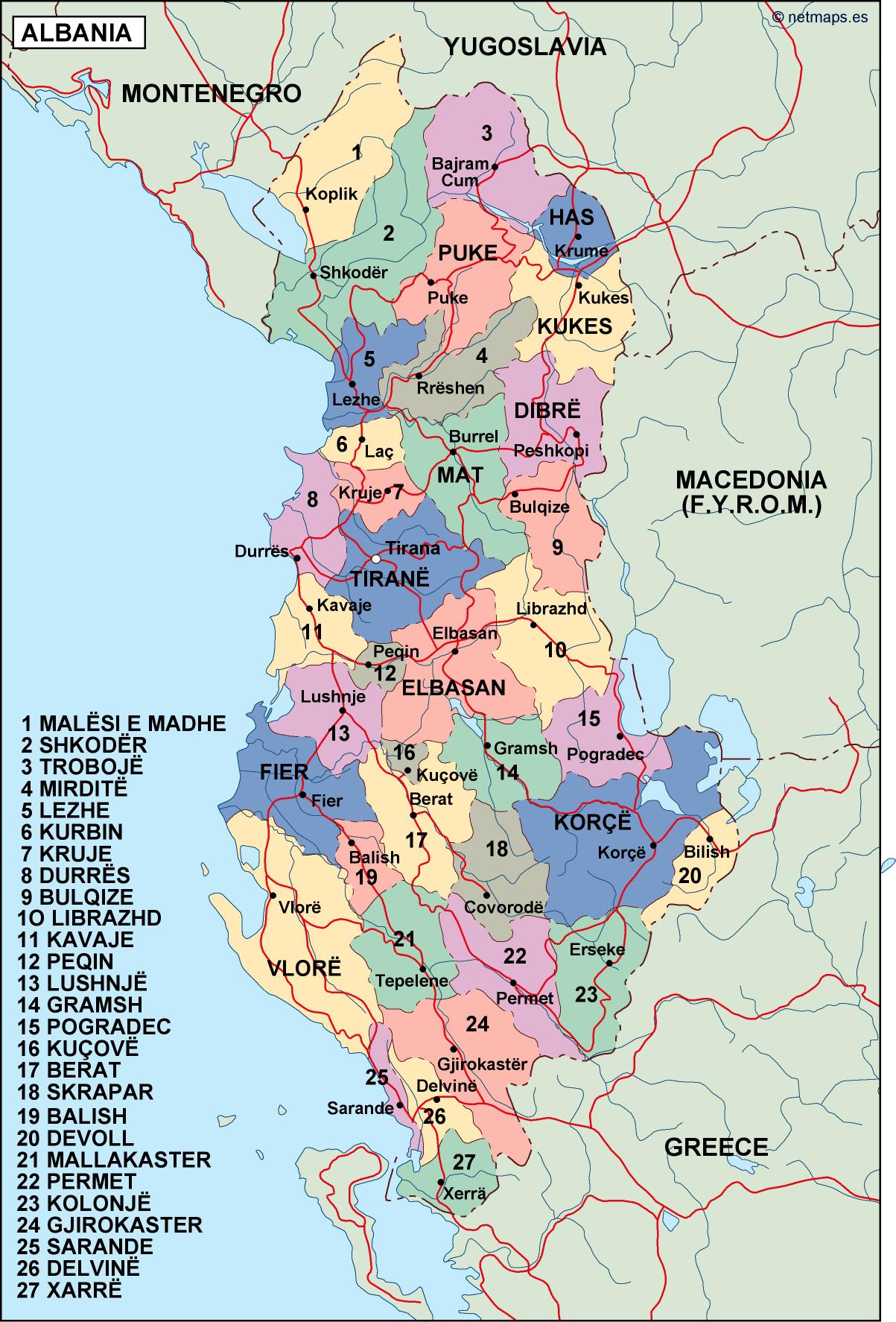 albania political map. Illustrator Vector Eps maps. Eps Illustrator Map