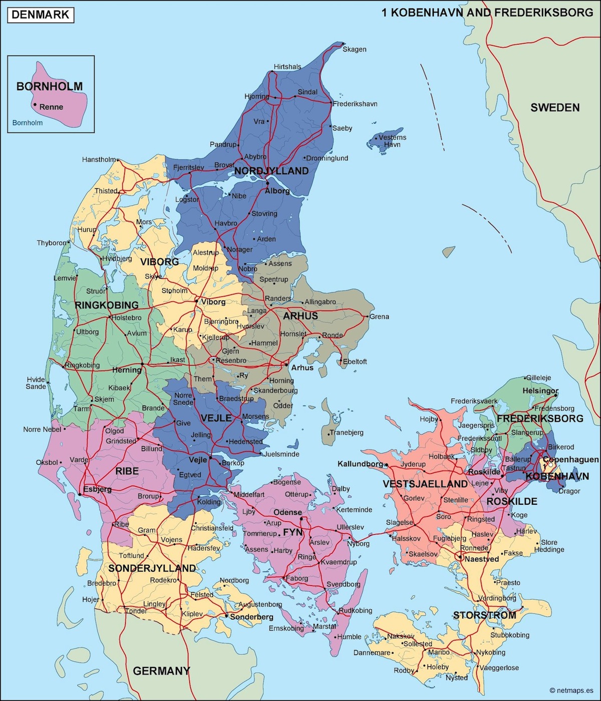danska karta Denmark netmaps - Europa Karta