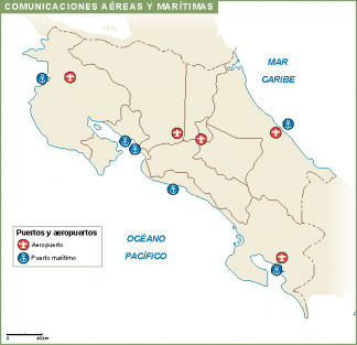 Costa Rica mapa aeropuertos puertos